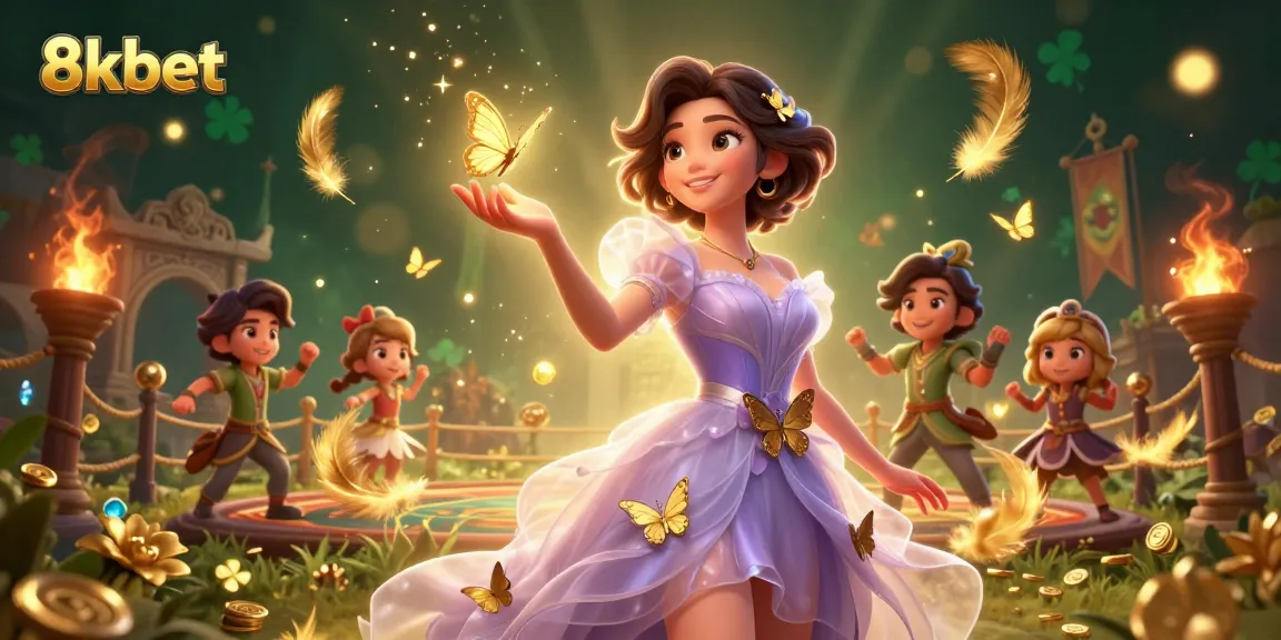 Win big with 8kbet in a magical casino scene filled with golden butterflies and coins.