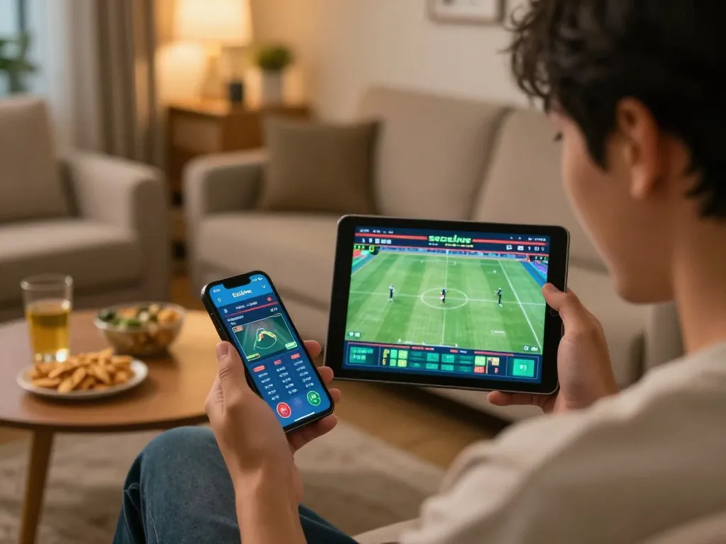 Socolive trực tiếp: Engaging in sports betting with smartphone at home, showcasing live match streaming.