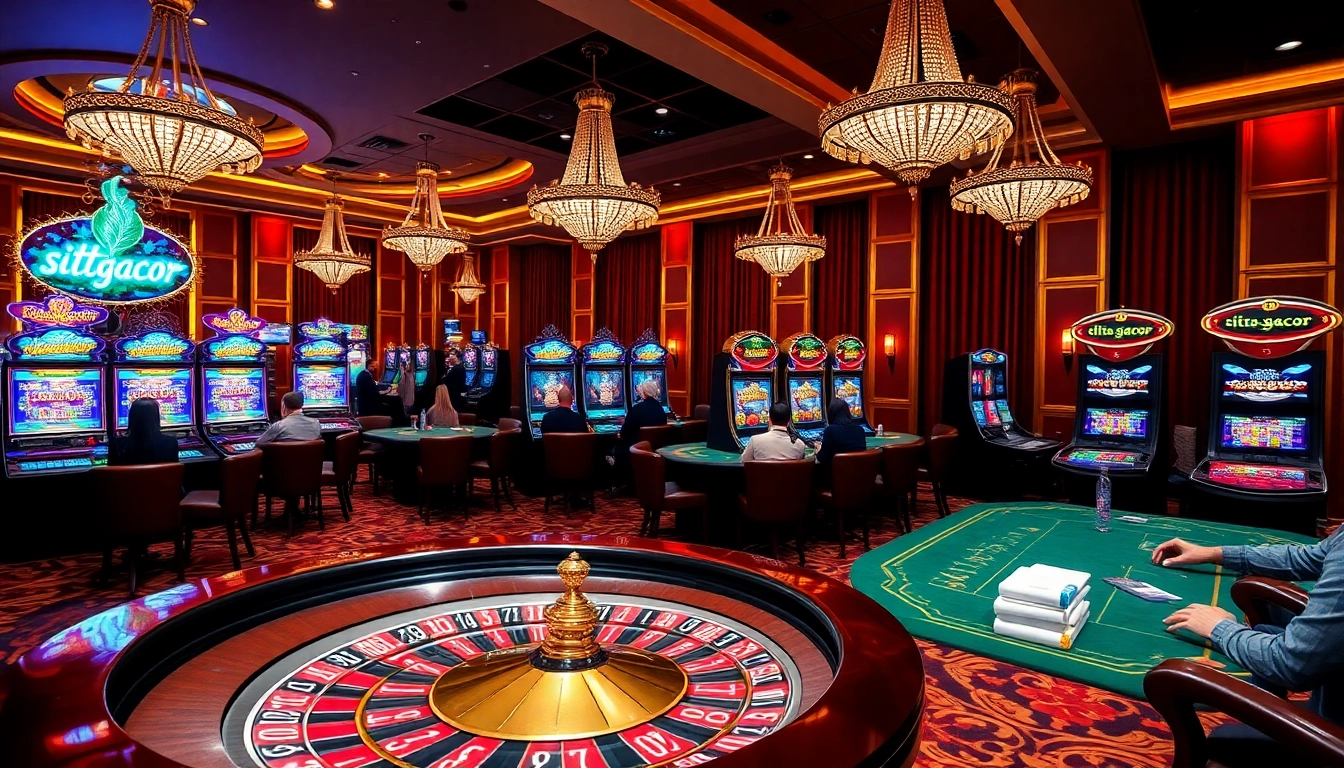 Kegembiraan situs gacor tertangkap dalam adegan kasino mewah dengan rolet, mesin slot, dan permainan poker strategis.