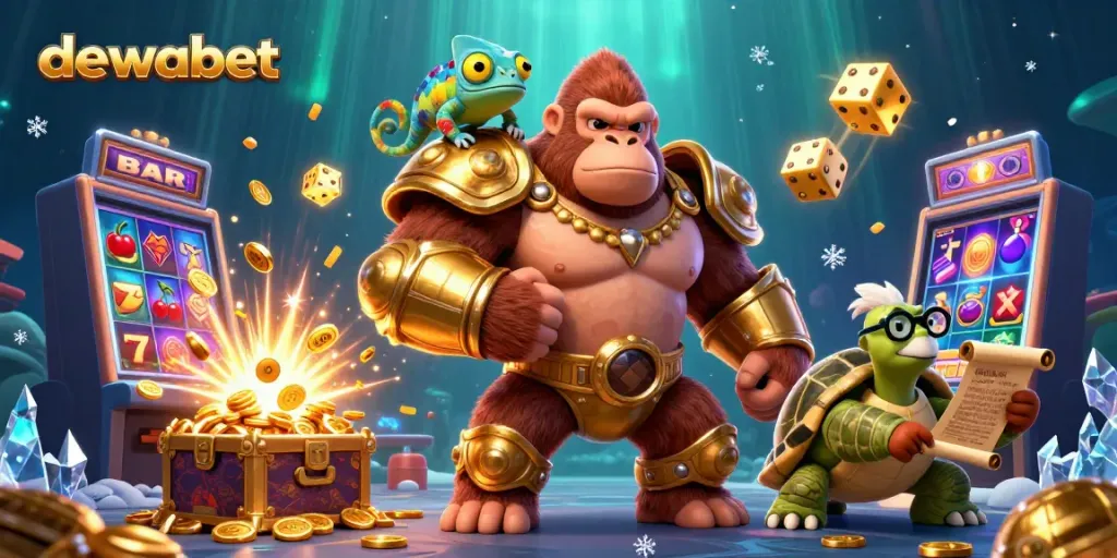 DewaBet menghadirkan pengalaman perjudian yang menegangkan dengan slot terpopuler dan simbol keberuntungan dalam ilustrasi 3D.