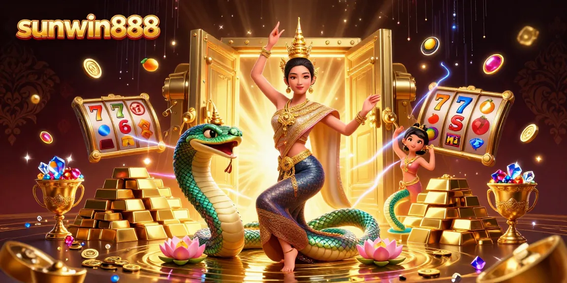 Engage in thrilling gameplay with sunwin888 featuring a graceful Thai dancer alongside vibrant slot reels and gold treasures.