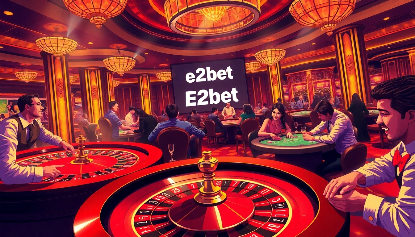 E2bet players enjoying a thrilling casino experience with roulette and poker games.