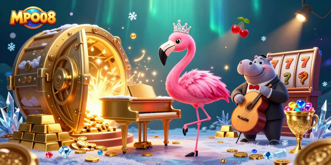 Experience MPO08's exhilarating gameplay with vibrant casino elements in a lively illustration.