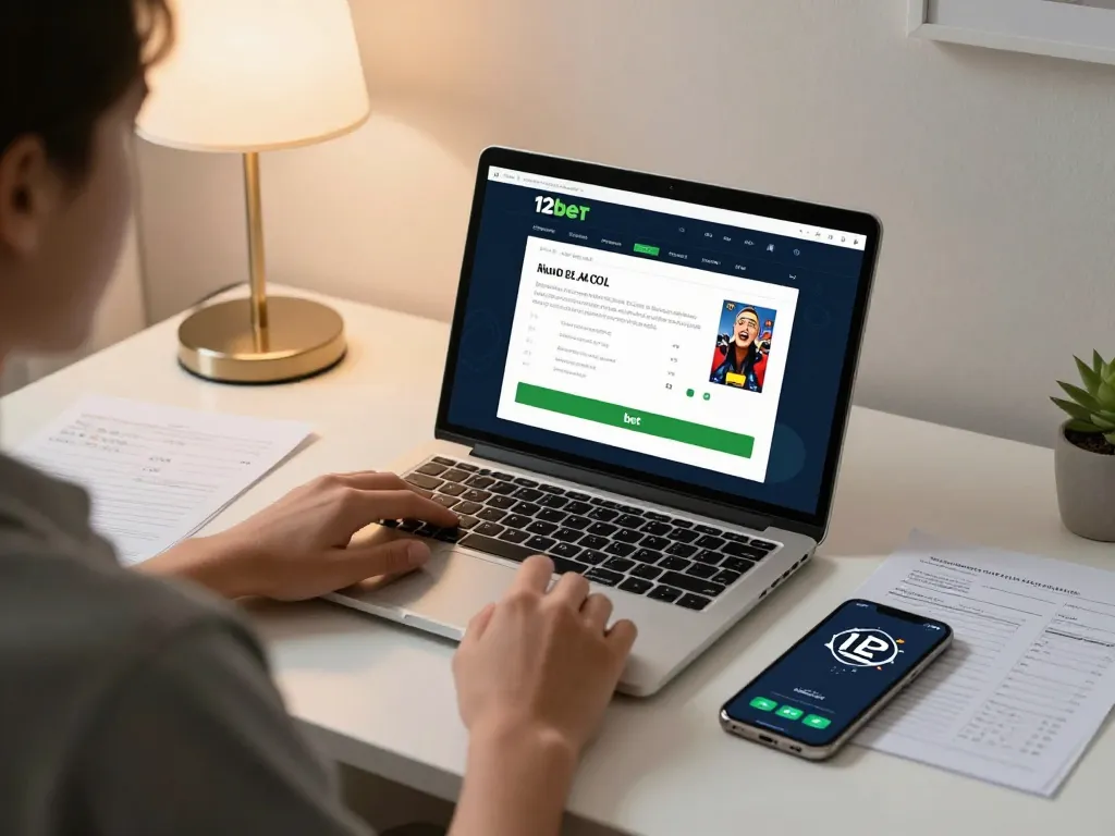 Người chơi hấp dẫn sử dụng ứng dụng Liên kết 12bet trên máy tính xách tay ở một bàn làm việc thoải mái, nổi bật cờ bạc trực tuyến.
