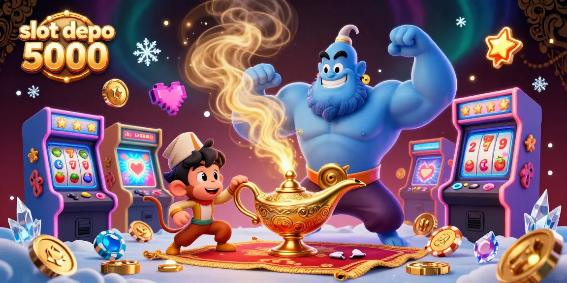 Experience the excitement of slot depo 5000 with a vibrant casino-themed illustration featuring iconic symbols.