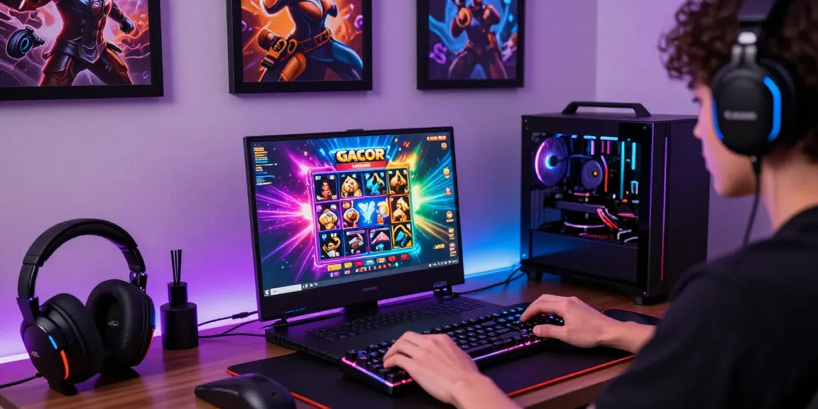 Pengalaman bermain slot gacor di laptop gaming modern dengan suasana yang hidup dan menarik.