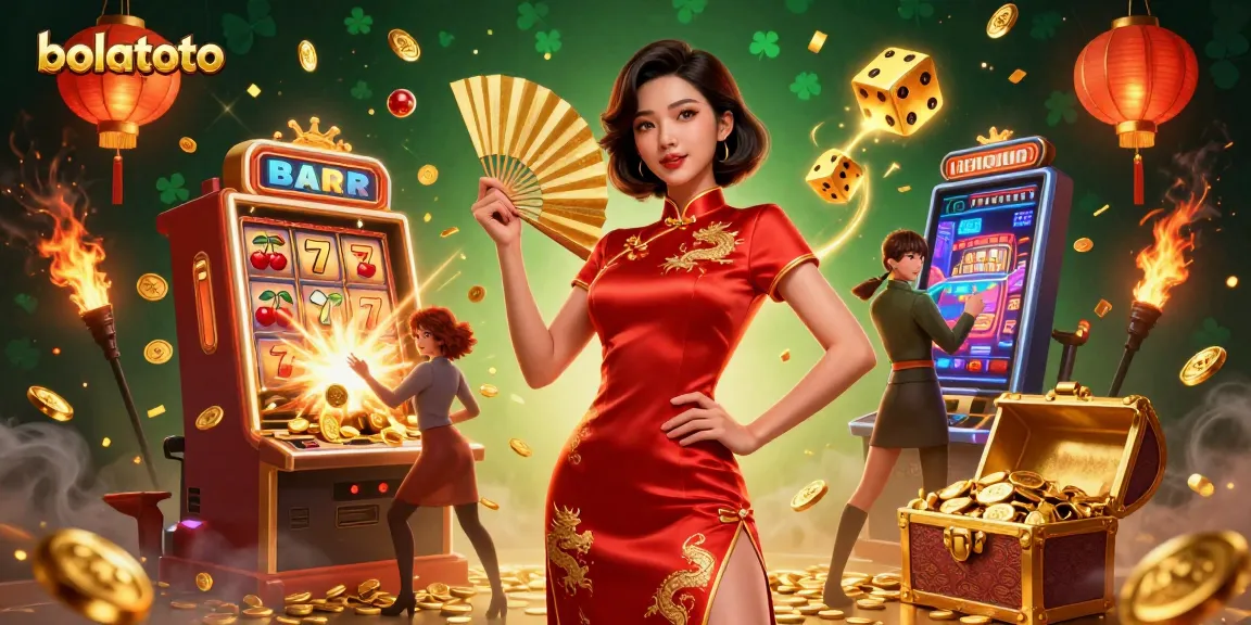 Play slots at bolatoto with winning charm, showcased by a radiant woman amid gold coins and jackpots.