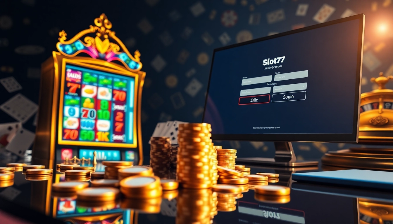 Experience the excitement of slot777 login with vibrant slot machines and professional gaming elements.