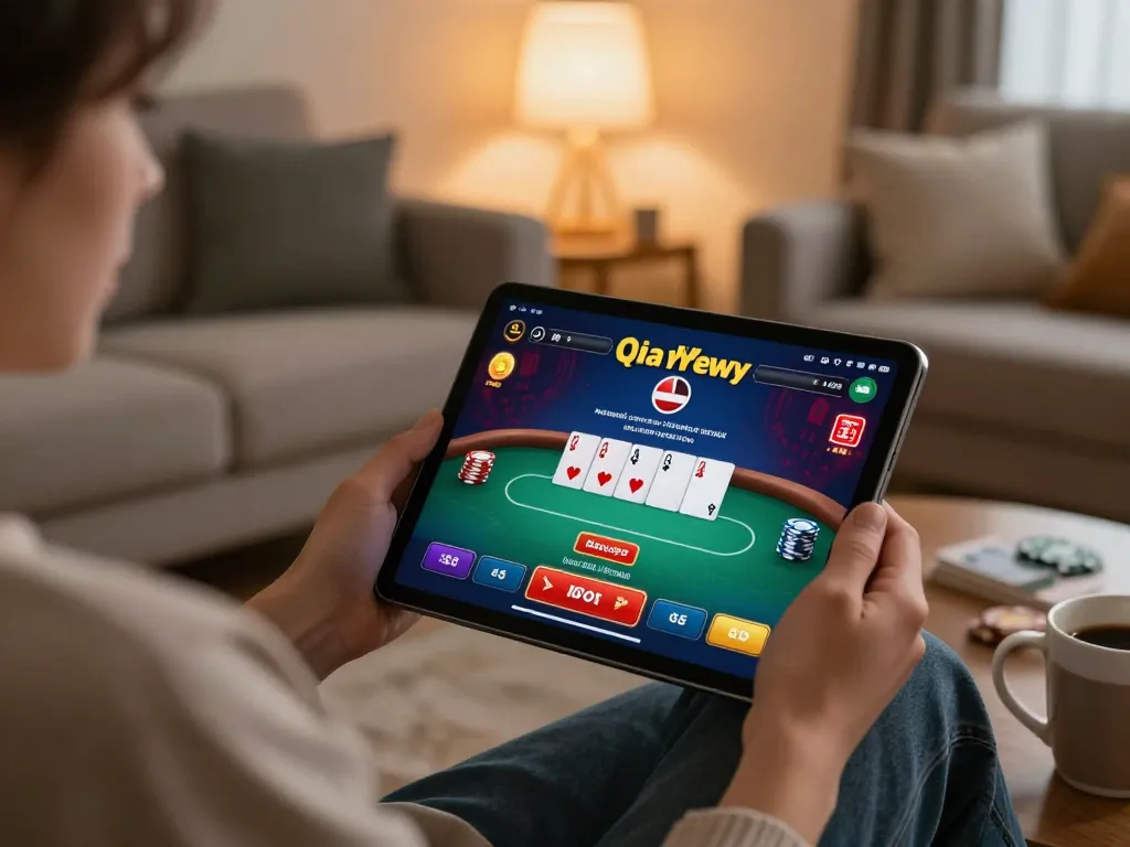 Player enjoying kp88 online casino on tablet at home, focused on poker game.