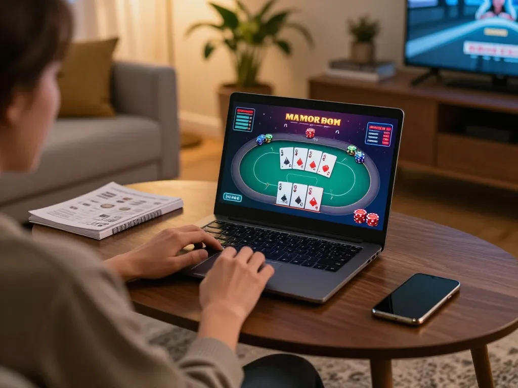 Player enjoying Pakde4D online casino gaming on laptop amid cozy home atmosphere