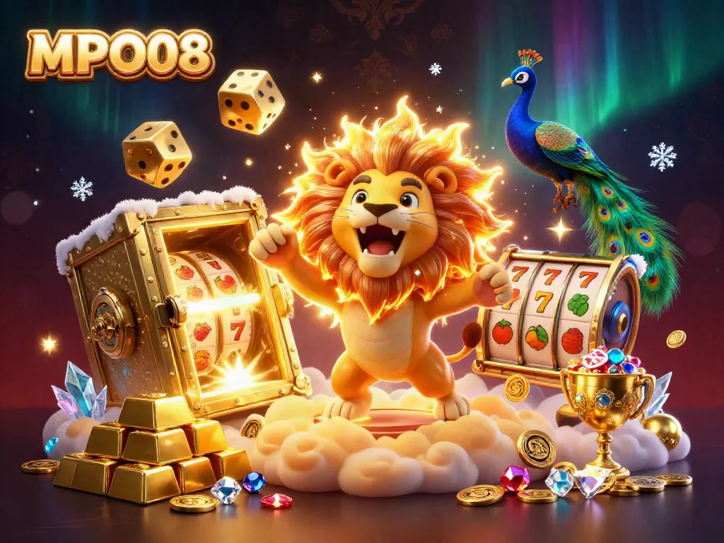 Experience thrilling energy with MPO08's lively 3D casino illustration filled with gold and gaming elements.