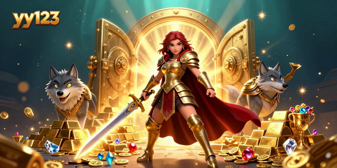 Experience thrilling gameplay with yy123, featuring a warrior queen and her armored wolf companion, surrounded by treasure.