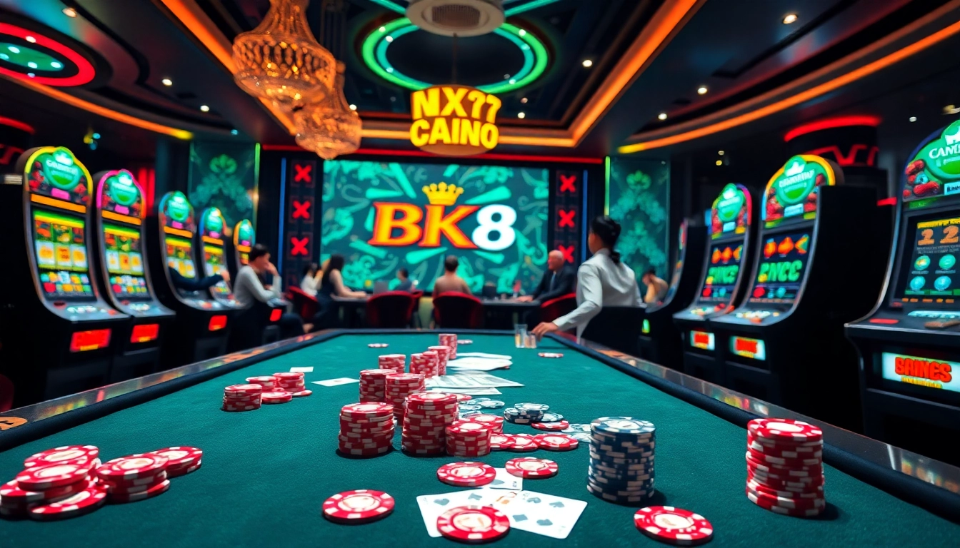 Exciting gambling scene showcasing Nhà cái BK8 with vibrant casino elements and players immersed in action.