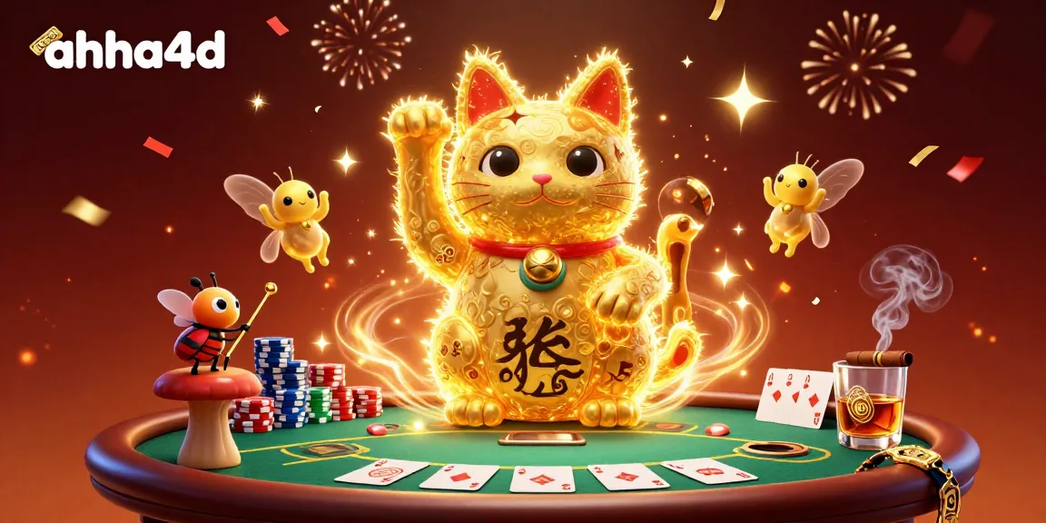 Bet on ahha4d with a vibrant 3D illustration of a golden cat, poker chips, and festive casino elements.