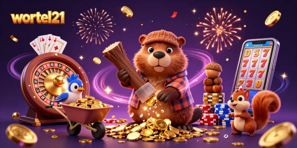 Memenangkan permainan dengan wortel21, pengumpulan koin emas yang menyenangkan dalam ilustrasi kasino 3D.