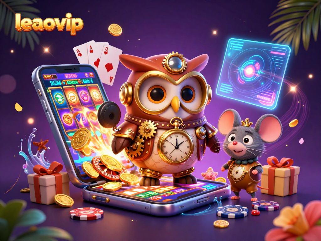 Experience the dynamic gaming adventures with leaovip, featuring a time-traveler owl and slot game action.