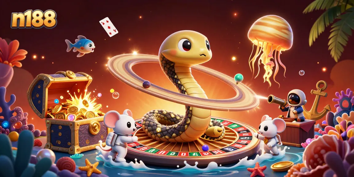 Place bets with n188 as astronaut mice cheer on the cosmic roulette show in this vibrant illustration.