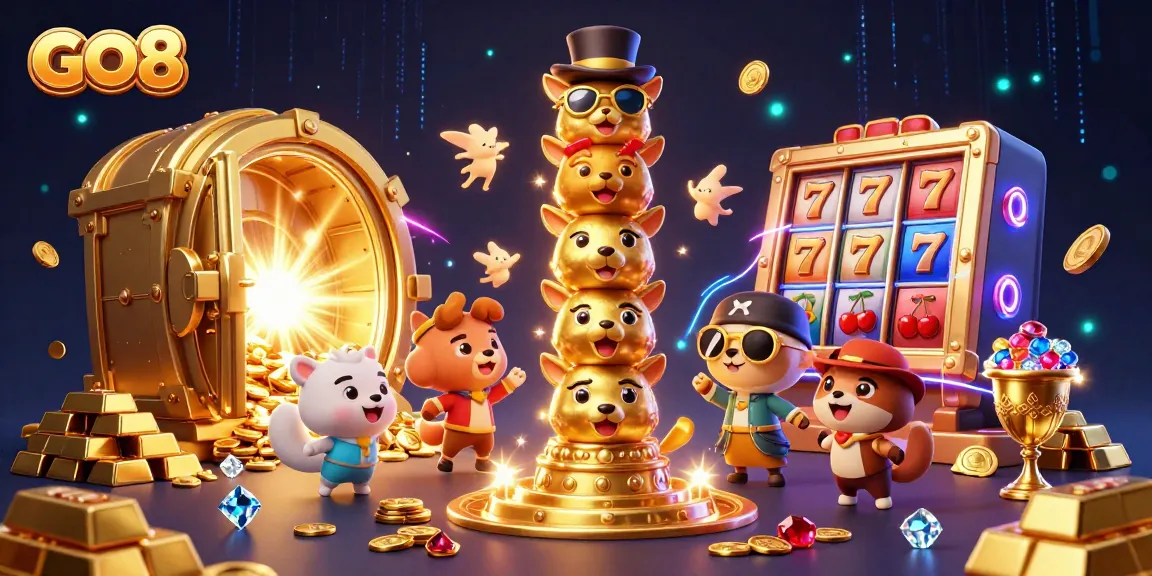 Experience exciting gameplay with GO8 in a vibrant casino scene featuring a golden totem pole and rich riches.