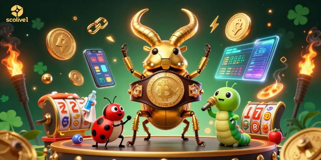 Socolive1 showcases a vibrant 3D slot scene with a dynamic boxing beetle champion, engaging casino elements.