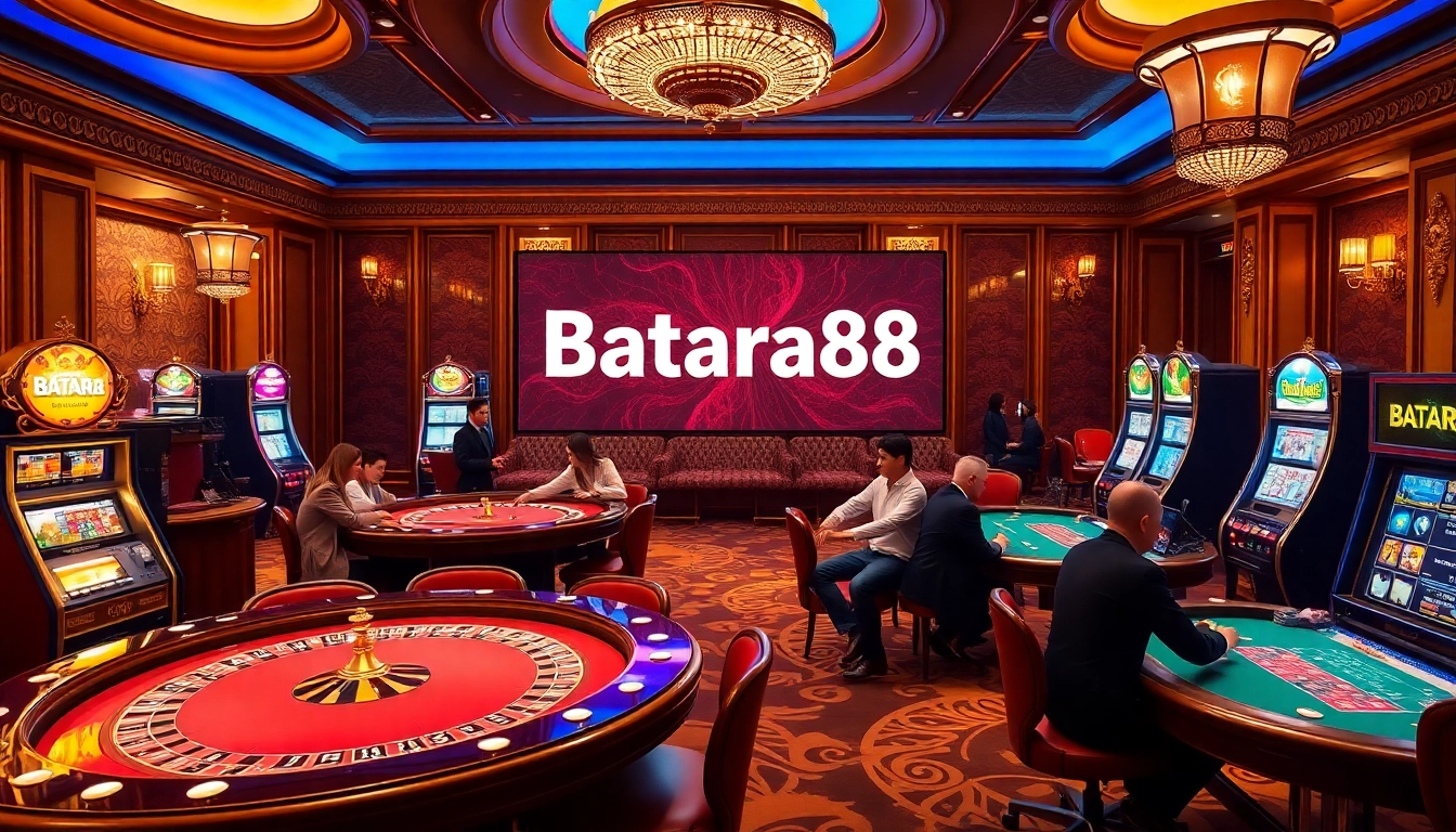 Players enjoying games at Batara88, featuring vibrant slot machines and poker tables.