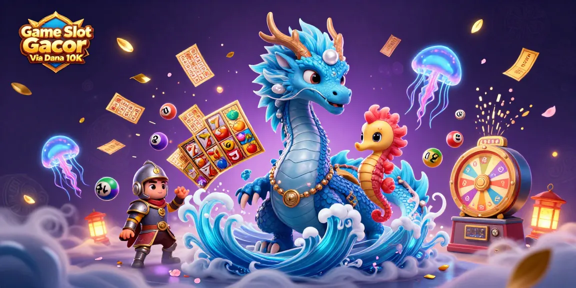 Engage in Game Slot Gacor Via Dana 10K with an exciting 3D illustration of vibrant slots and mystical characters.