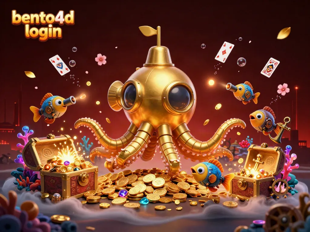 Experience thrilling gaming with bento4d login as a golden kraken submarine navigates golden coin depths.