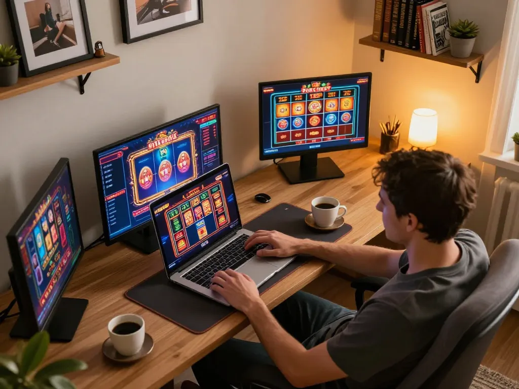Engaging gameplay on trang chủ UG88 with vibrant casino game interface in a cozy home setup.