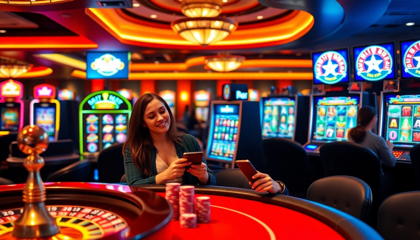 Experience the thrill of demo slots in a vibrant casino setting with glowing machines and engaging players.