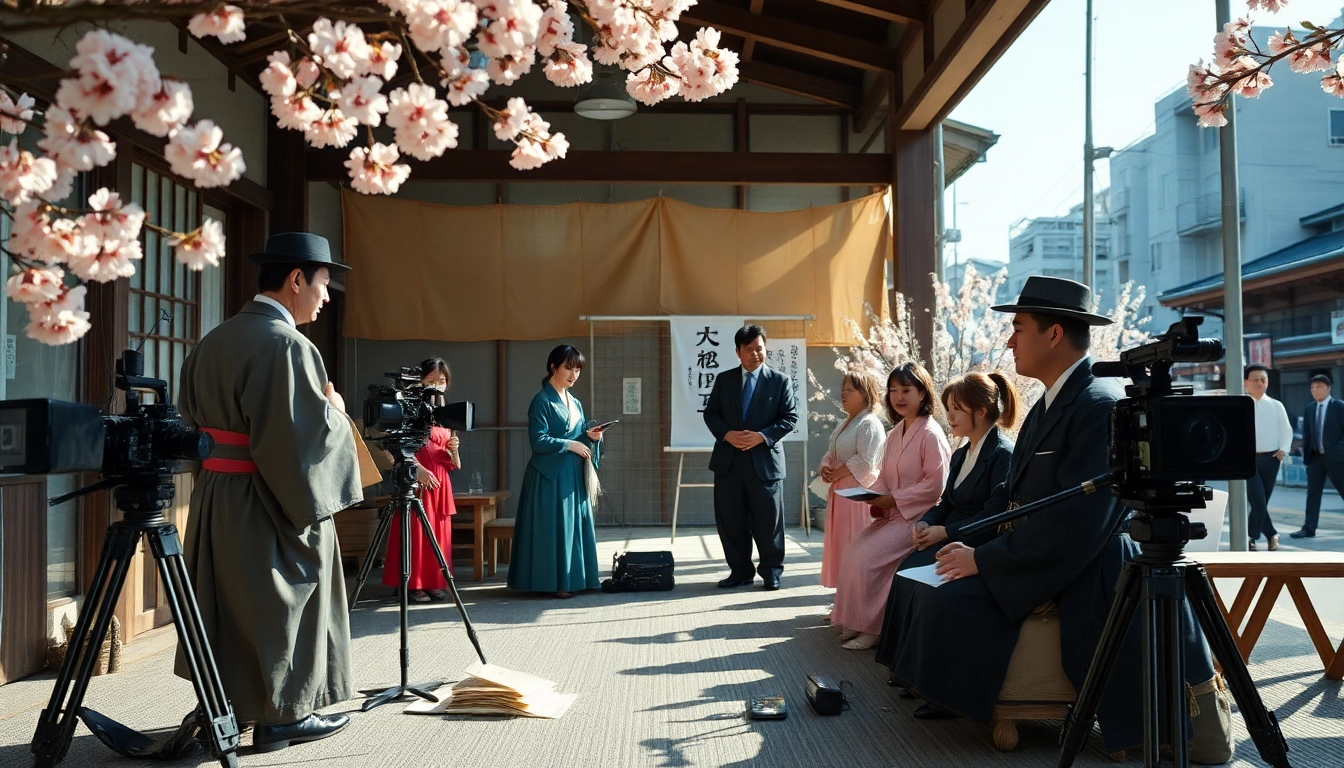 Menggambarkan film jepang dengan suasana set film yang cerah dan modern.