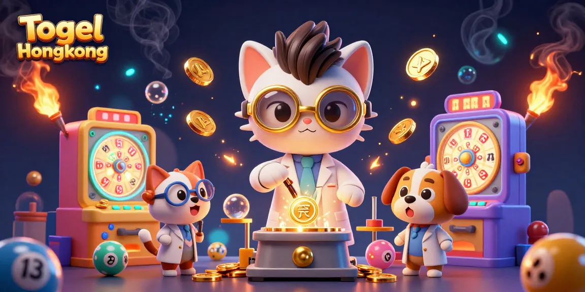 Togel Hongkong lottery scene with a mad scientist cat and dog creating coins amid vibrant gaming elements.