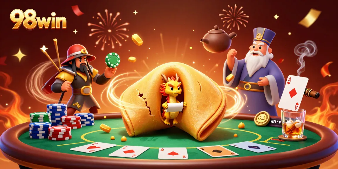Experience thrilling gaming with 98win in a vibrant casino scene featuring a golden fortune cookie and poker elements.