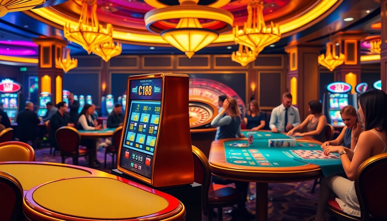 C 168 casino enthusiasts enjoying a thrilling game at a vibrant slot machine.