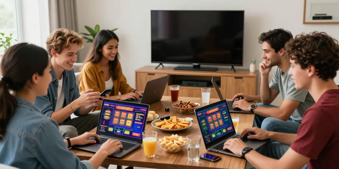 Engaged friends enjoying a slot gacor game in a cozy living room.